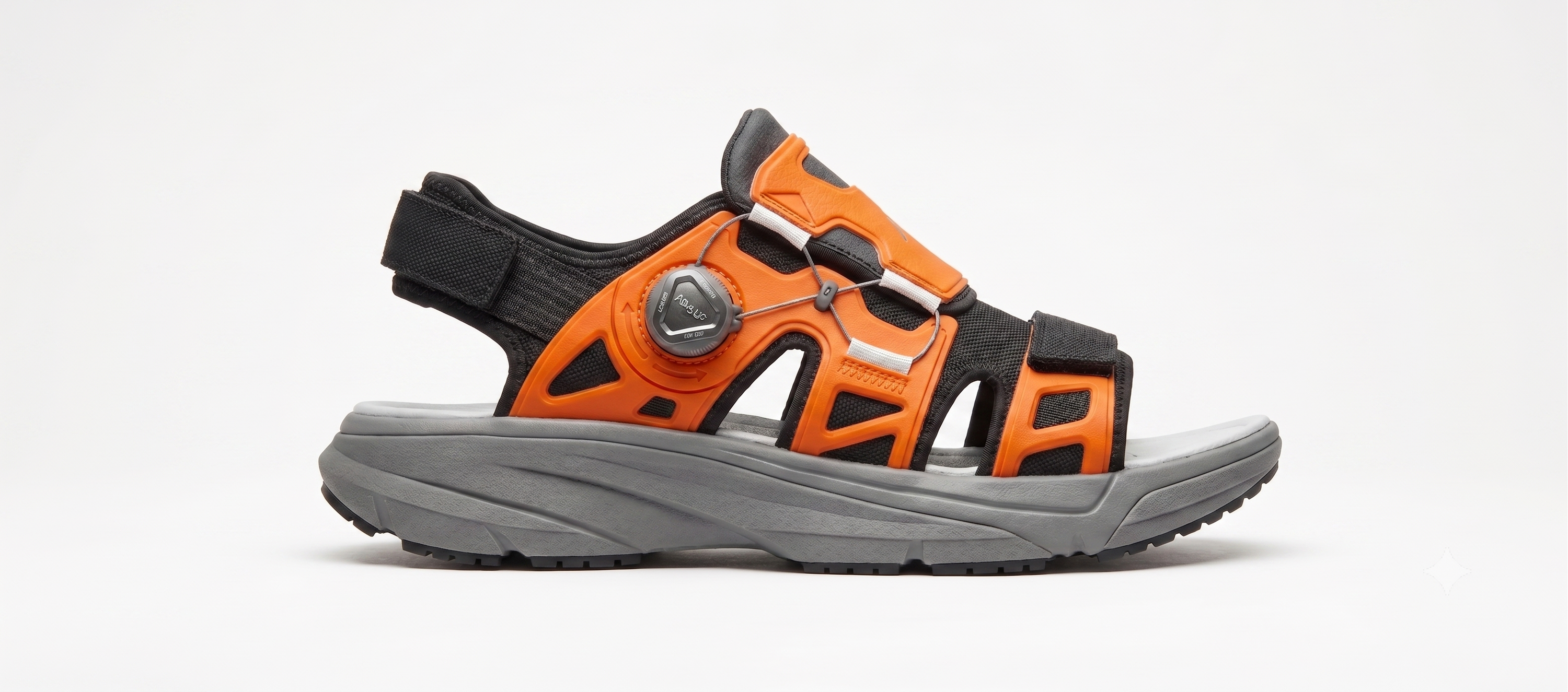 A single sport sandal shown in profile against a clean white background. The sandal features a bright orange and black upper with a gray sole and a dial closure system.