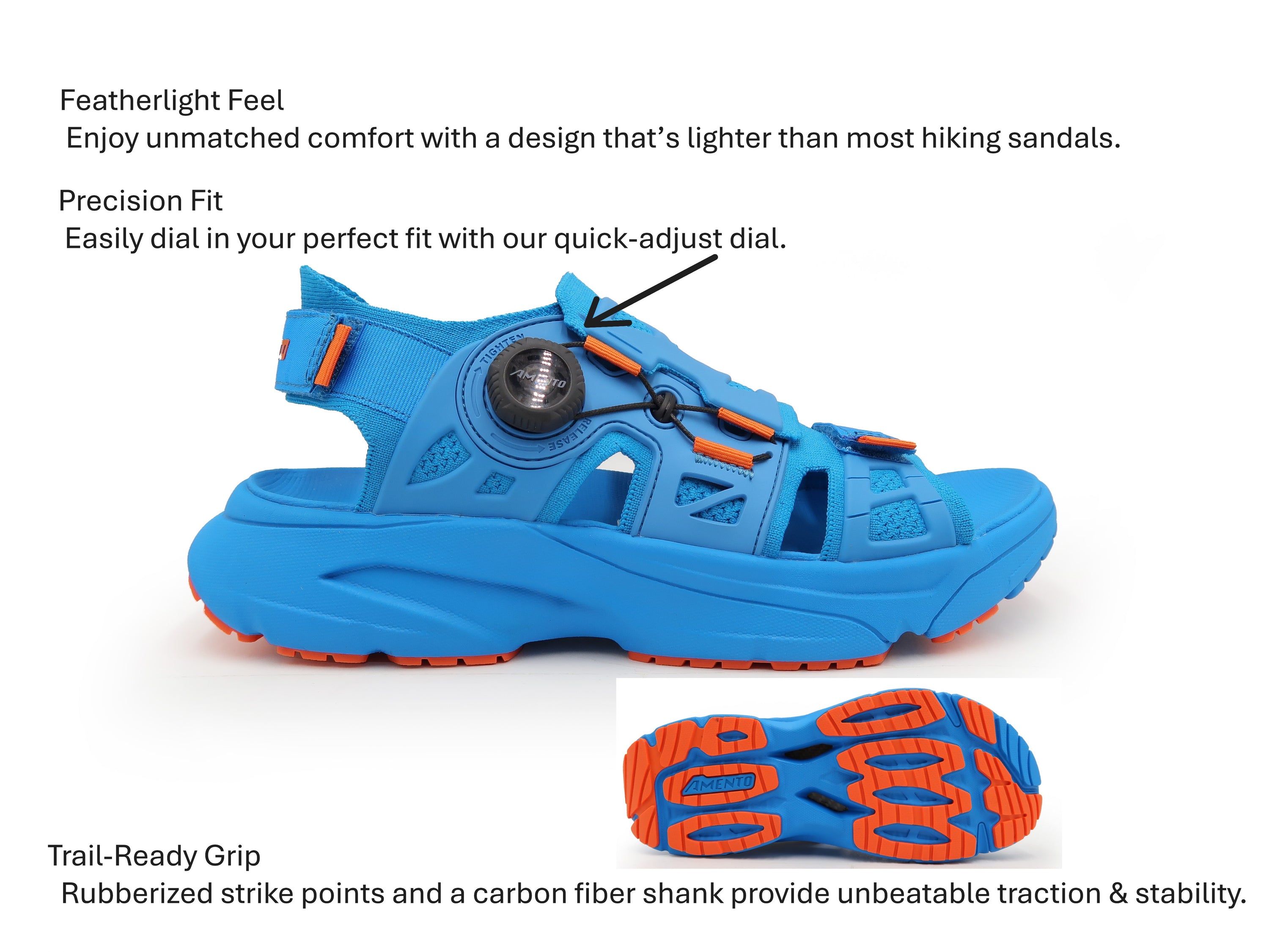 Amento Martlettt in high blue. side view with dial in image. Text on image reads: featherlite feel. enjoy unmatched comfort with a design that's lighter than most hiking sandals. precision fit: easily dial in your perfect fit with our quick-adjust dial. Trail ready grip: rubberized strike points and a carbon fiber shank provide unbeatable traction & stability